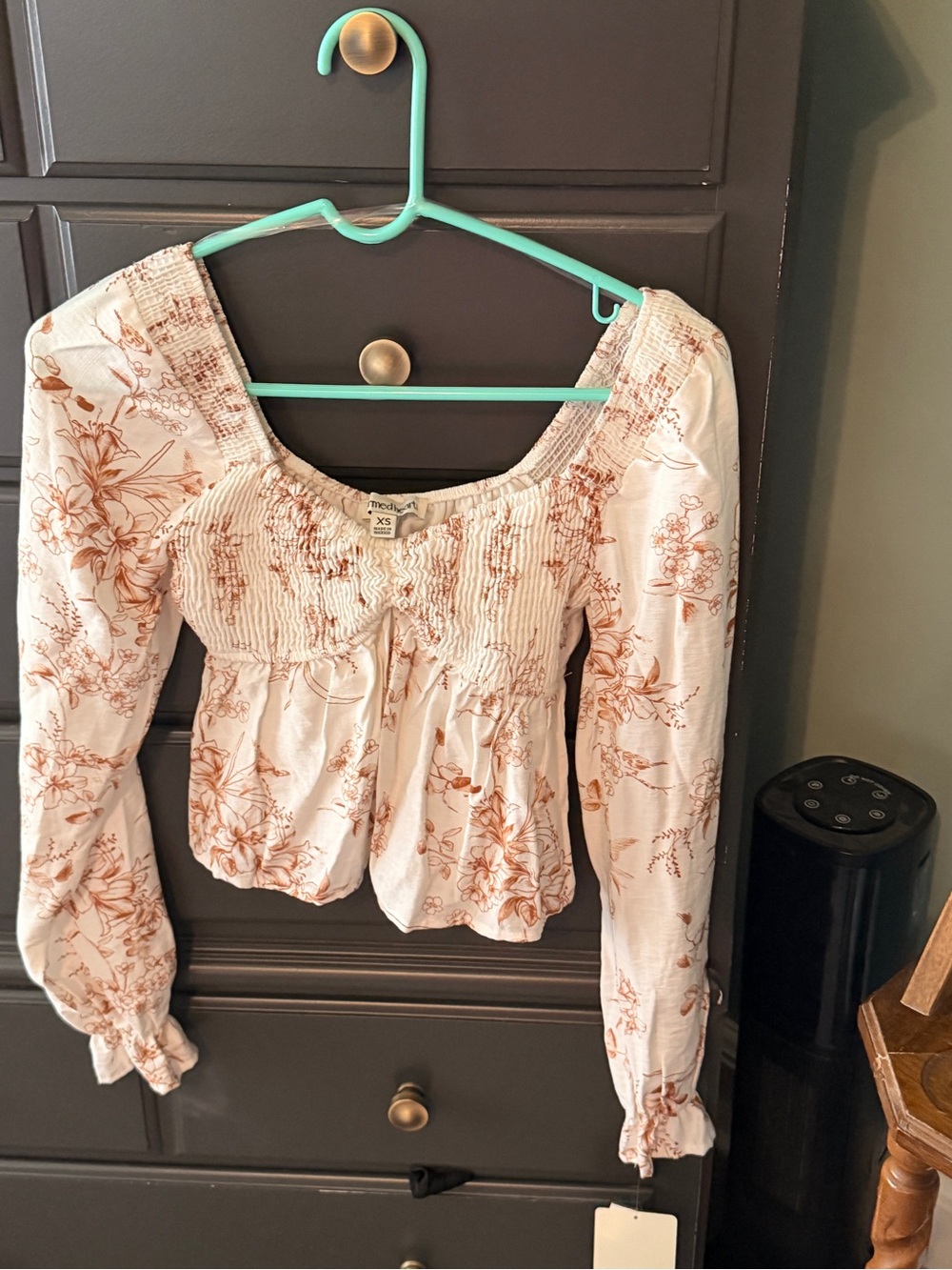 Smocked Long-Sleeve Peasant Blouse in Cream with Rust Floral